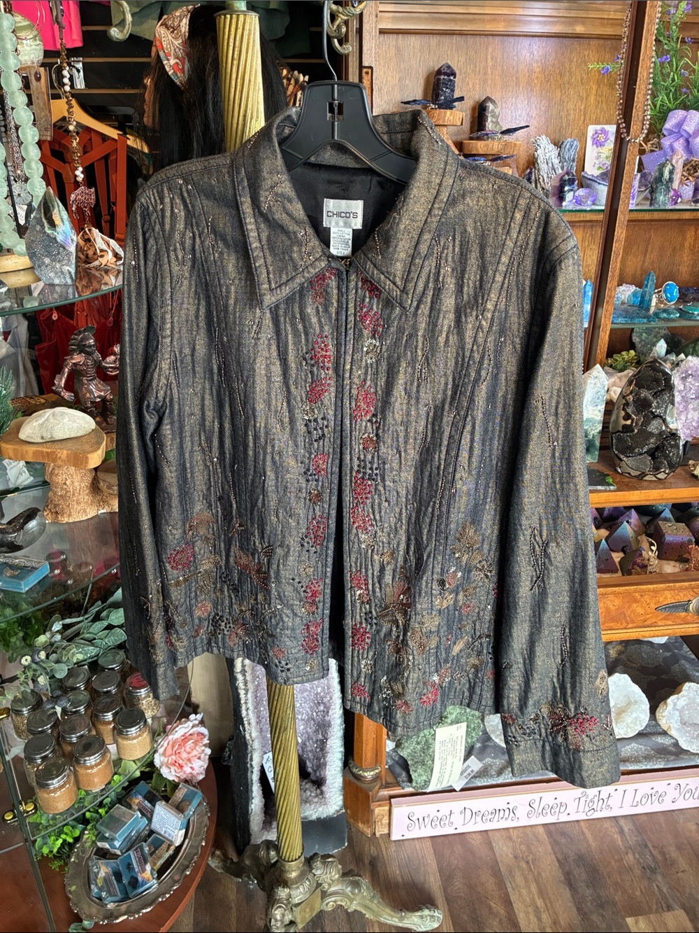 Chico's Black Metallic Floral Zip-Front Jacket